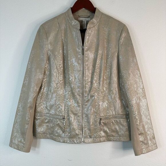 Chico’s Metallic Python Print Faux Leather Moto Jacket Womens Large Western Glam - Picture 1 of 10